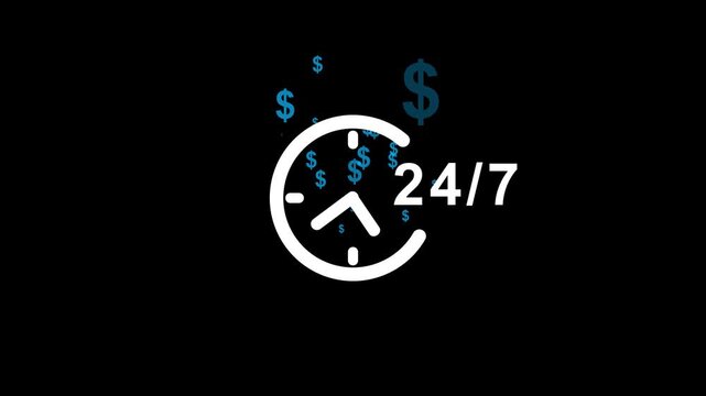 A modern 24/7 service and income concept illustration featuring a blue clock icon with continuous availability and floating dollar symbols in the background