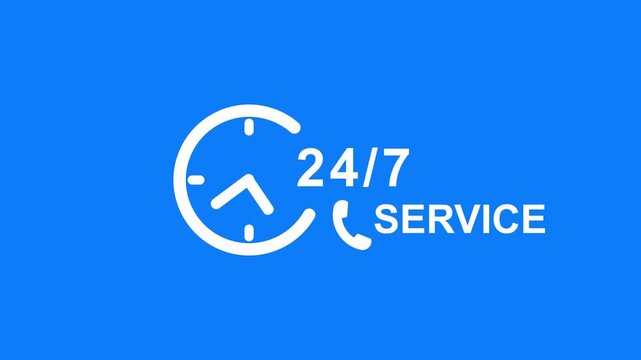 A 24/7 service concept icon featuring a clock and phone symbol on a bright green background, representing nonstop customer support, continuous service availability,