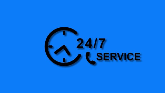 A 24/7 service concept icon featuring a clock and phone symbol on a bright green background, representing nonstop customer support, continuous service availability,