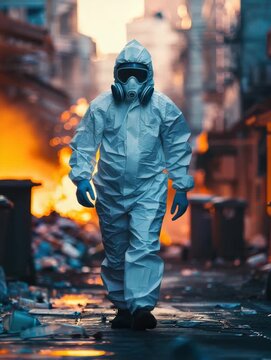 Man in a white suit and mask walks through a city street. The scene is chaotic and dirty, with trash and debris scattered everywhere