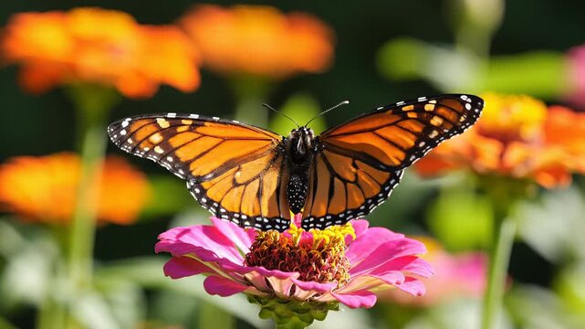 Monarch butterfly feeding on a pink zinnia flower in a garden