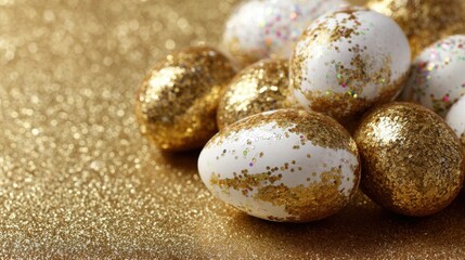Obraz premium Decorative eggs with glitter on a shiny background for celebration