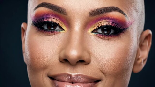 African American woman with bald head and bold purple eyeshadow in close-up portrait sequence. Eyes open in neutral gaze transitioning to closed then smiling expression. Beauty makeup and confident
