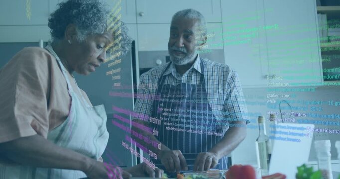 Animation of computer language over diverse senior couple discussing while cooking food in kitchen