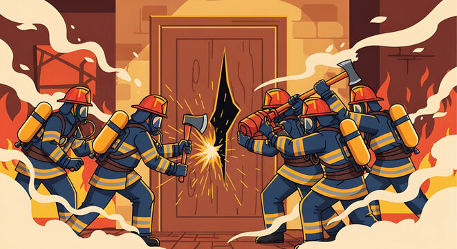 Brave Firefighters Forcibly Entering a Burning Building with Axes, Demonstrating Urgent Emergency Response and Courageous Action Amidst Smoke and Flames