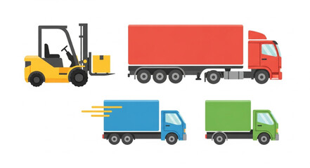 Collection of delivery trucks and forklift isolated on white background. © Akilo
