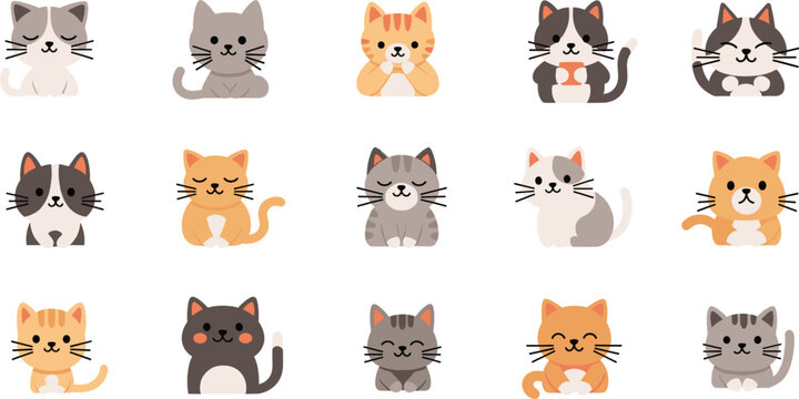 Minimal cute cat icons flat vector illustration set
