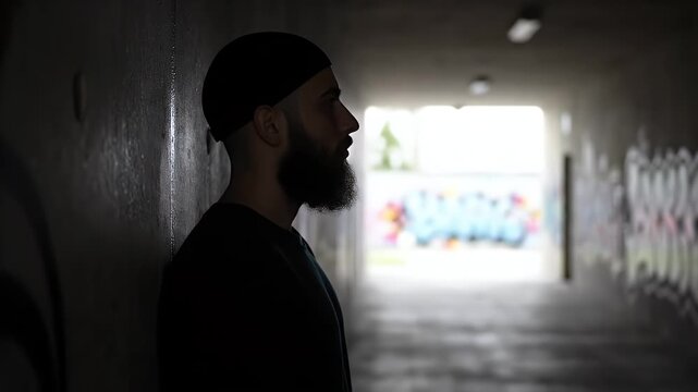 Profile View Of A Bearded Man With Black Beanie Leaning Against Graffiti Wall In Dark Tunnel With Soft Backlight