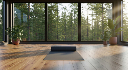 Fototapeta premium Serene yoga mat awaits practice in a bright room with expansive forest views and natural light