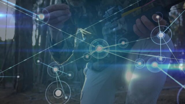 Archer aiming compound bow in forest, with glowing technology network nodes overlaying scenery