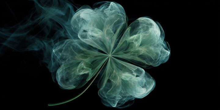 Abstract mystic four leaf clover shape made of emerald green smoke wisps on black background, expressing lucky magic fantasy and elegant ethereal mood, shamrock symbol for Saint Patrick day