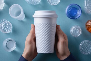 Hands holding a disposable cup surrounded by various plastic containers on a blue table
