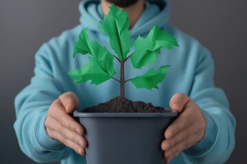 Person holds a potted plant with green paper leaves in a simple indoor setting on a neutral background during daylight