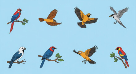 Obraz premium Collection of Diverse Birds in Flight and Perched on Branches.