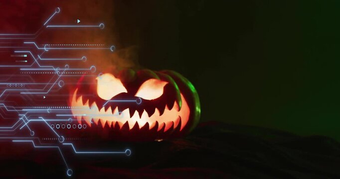 Orange glow pulsing jackolantern starting circuit overlay and smoke rising visualizing data