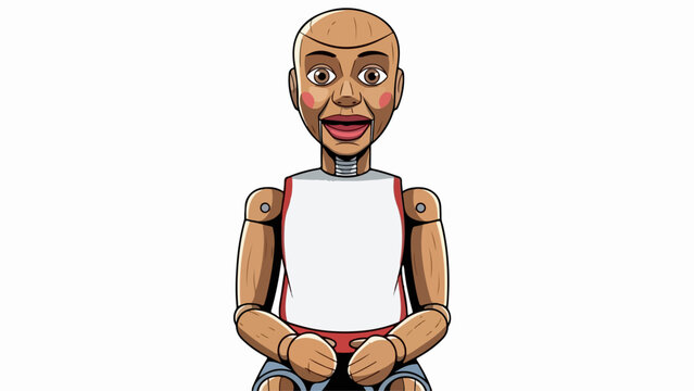 Wooden dummy character illustration. Articulated figure with visible joints, wearing white t-shirt, blue pants. This wooden dummy depicts an anthropomorphic figure with expressive face.
