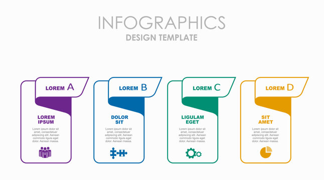 Colorful 4-step infographic with vertical labels, icons, and placeholder text, ideal for business processes, presentations, or project timelines. Vector illustration.
