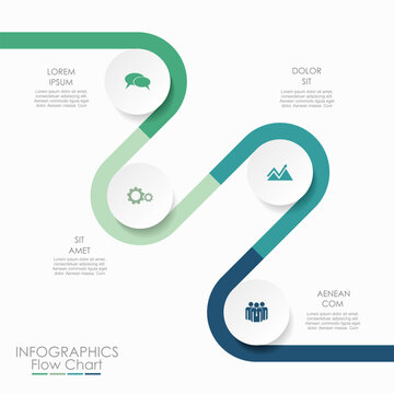 Modern wavy timeline infographic template with colorful segments, icons, and text blocks for visualizing project stages or historical events. Vector illustration.