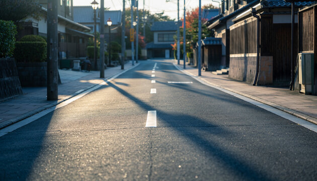 朝日が差し込む日本の静かな住宅街の風景