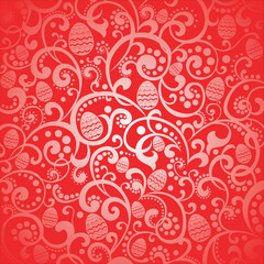 Easter red background with egg. Spring holiday background for printing on fabric, paper for scrapbooking, gift wrap, wallpapers, textile fabric design, wrapping paper, website. Vector Illustration