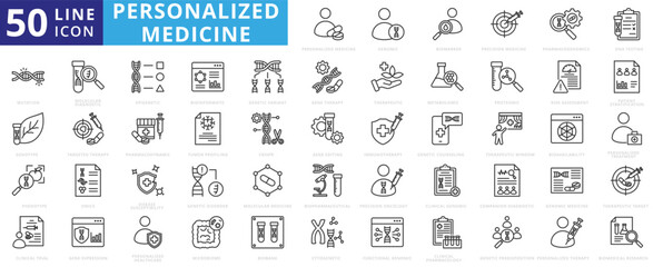 personalized medicine icon pack outline illustration contains biomarker, pharmacogenomics, metabolomic, proteomic, pharmacodynamic, biobank, omics, bioavailability, genotype, phenotype, bioinformatic © Iconjam