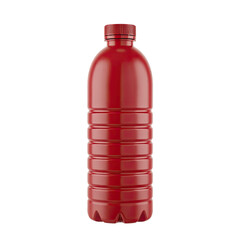 Red plastic water bottle with screw cap, ribbed texture, isolated on Transparent Background