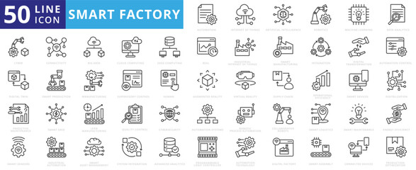 smart factory icon pack outline illustration contains rpa, ai, augmented reality, virtual reality, connected devices, programmable logic controller, data acquisition, human machine interface, big data © Iconjam