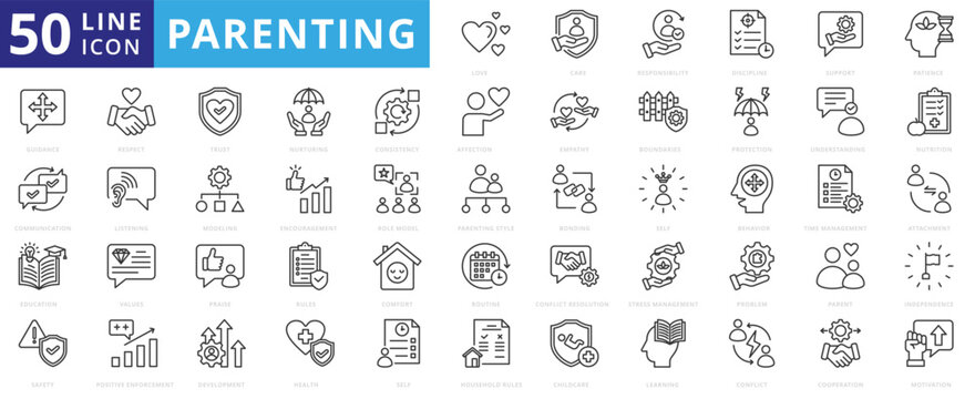 parenting icon pack outline illustration contains positive enforcement, conflict resolution, household rules, insurance, protection, safety, environment, behaviour, maternity, character building