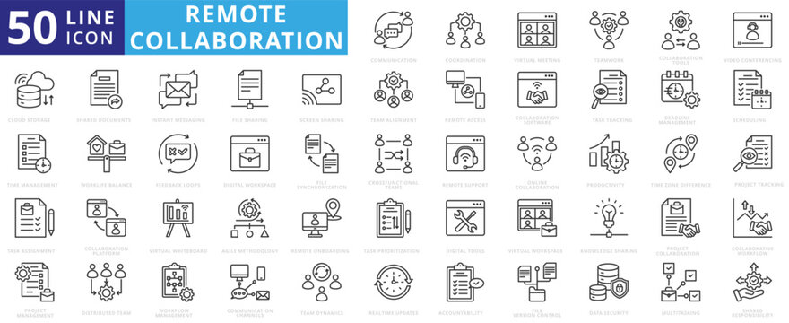 remote collaboration icon set outline illustration contains shared documents, instant messaging, version control, data security, time zone difference, cross-functional teams, multitasking, whiteboard