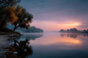 Obraz premium peaceful lake at sunrise and fog on the water