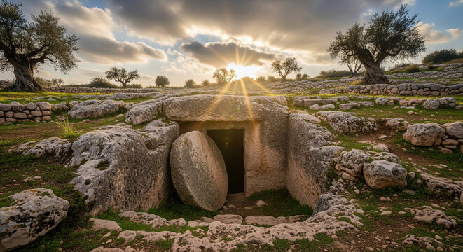 Empty tomb with rolled away stone and divine light rays from heaven, Resurrection of Jesus Christ concept, Easter morning miracle.