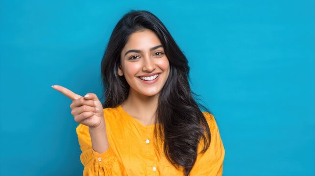 Smiling young asian female in yellow shirt pointing against blue background.