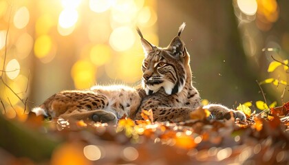 Fototapeta premium Eurasian Lynx in Autumn Forest Warm Sunlight Outdoor Wildlife Beauty.