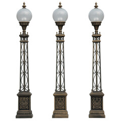 Three vintage ornate street lamps with frosted glass globes and dark bronze metal posts, isolated on Transparent Background