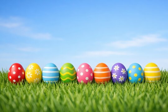 Colorful easter eggs on grass.