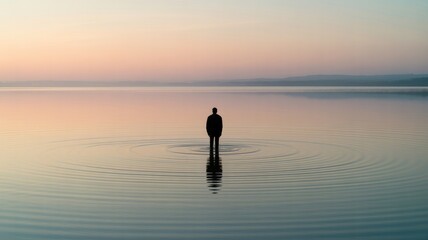 Fototapeta premium Silhouette of a lone person standing in calm water creating ripples at sunset woman