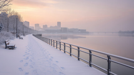 Snowy park pathway along a river with city skyline in the distance winter