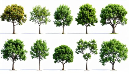 Diverse collection of vibrant trees isolated on white representing nature and the environment perfect for design elements.
