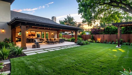 Obraz premium Beautiful Backyard Patio and Lawn at Sunset for Relaxation and Outdoor Living Space.
