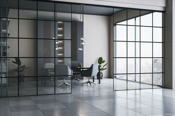 Modern glass-partitioned office meeting room with city view, minimalist furniture, indoor plants, and stylish lighting design elements. 3D Rendering