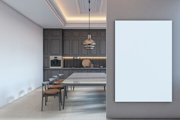 Vertical blank canvas mockup on wall inside modern kitchen interior with wooden cabinets, light floor, and ceiling lighting design. 3D Rendering