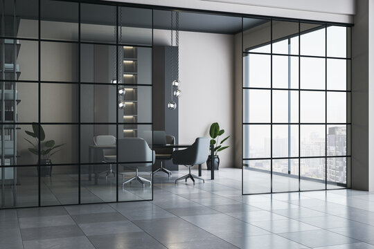 Modern glass-partitioned office meeting room with city view, minimalist furniture, indoor plants, and stylish lighting design elements. 3D Rendering