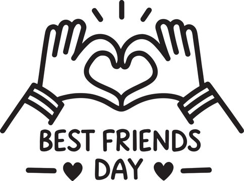 A simple black and white line art illustration celebrating best friends day with hands forming a heart