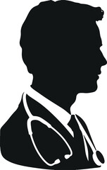 Black Silhouette Profile of a Doctor Wearing a Stethoscope and Suit on White Background Keywords: doctor, silhouette, profile