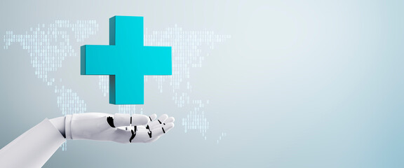 Fototapeta premium Robotic hand holding medical cross symbol with digital world map and binary code on futuristic light background. Technology and health concept. 3D Rendering