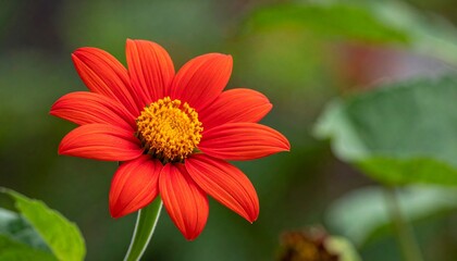 Vibrant Mexican Sunflower Bloom Close Up Showing Delicate Petals and Texture Against Soft Green Foliage.