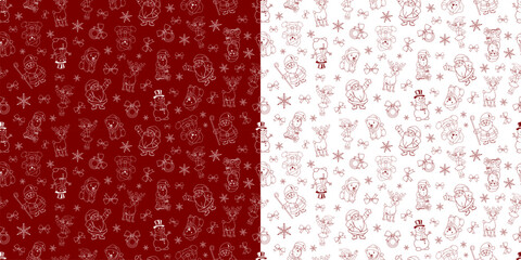 Vector holiday seamless pattern. Merry Christmas and Happy New Year. Colorful gift wrapping paper. Santa Claus, reindeer, elf, snowman, snowflakes, teddy bears and bows. Festive red and white texture