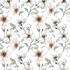 Delicate seamless watercolor pattern with blooming magnolia branches, light petals and soft green leaves on a white background.