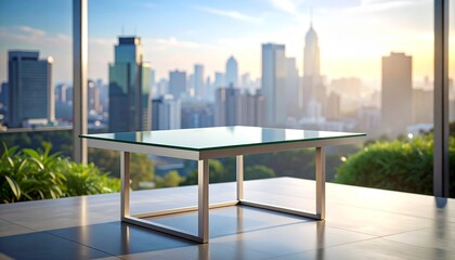 Fototapeta premium Modern glass top table on a balcony with city skyline backdrop conveying luxury and urban lifestyle.