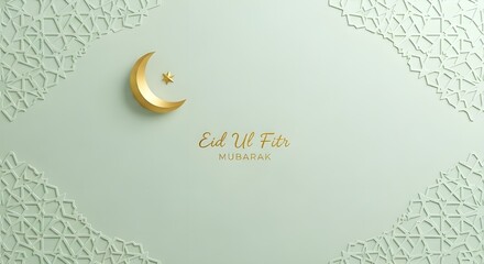 Eid Ul Fitr Mubarak: A Golden Crescent Moon and Star Rest on a Soft Pastel Green Canvas Framed with White Islamic Geometry &mdash; A Serene Celebration of Faith, Blessings, and Ramadan&rsquo;s Joyful End
